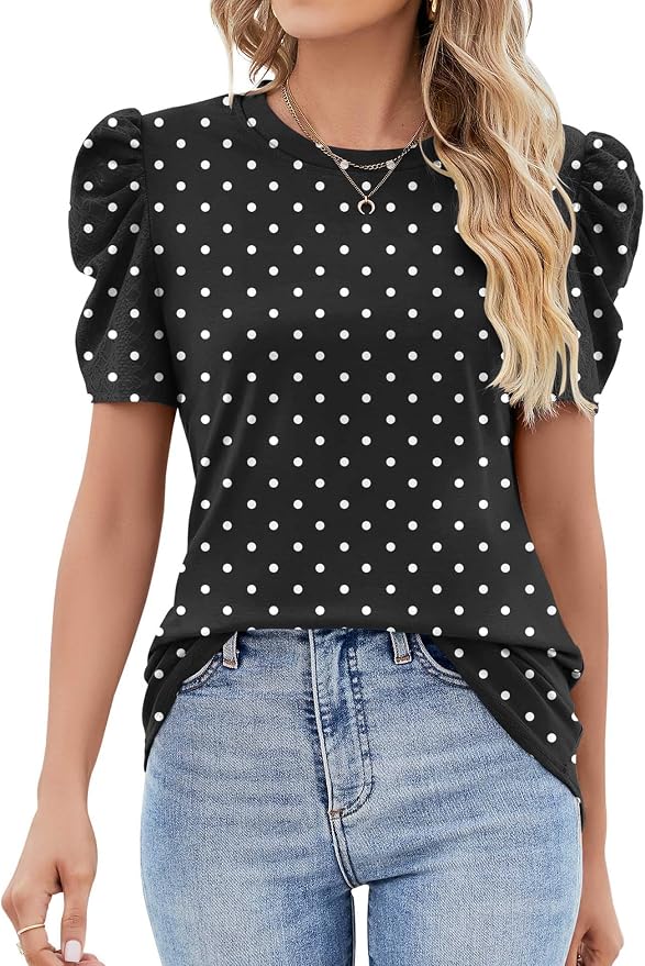 Ivicoer Puff Short Sleeve Shirt for Women Eyelet Tops Summer Crewneck Blouse Loose Fit S-XXL by Ivicoer