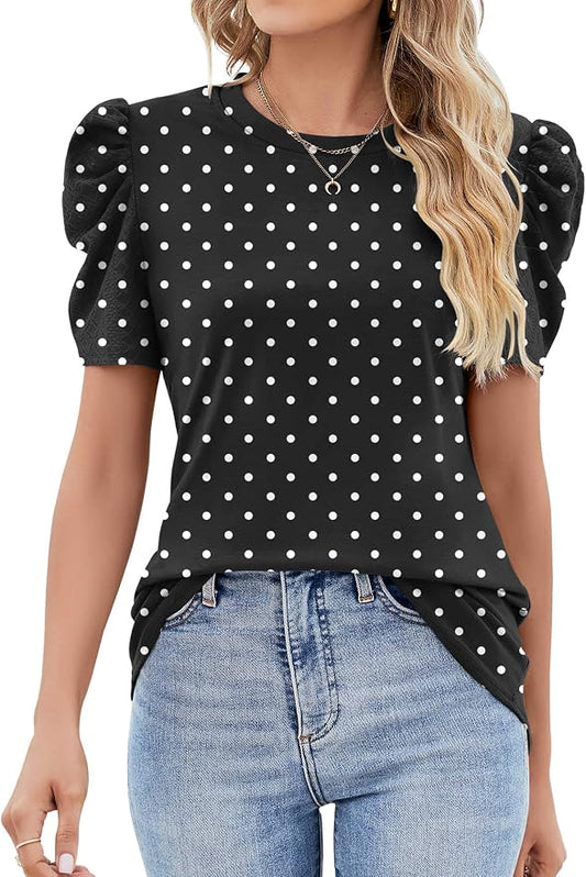 Ivicoer Puff Short Sleeve Shirt for Women Eyelet Tops Summer Crewneck Blouse Loose Fit S-XXL by Ivicoer