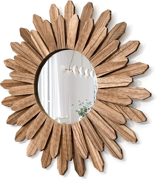 Honiway Mirror Wall Decor 21 inch Rustic Wood Boho Aesthetic Mirror for Room & Home Decor Farmhouse Wall Decor at Living Room Bedroom Carbonized Black by Honiway