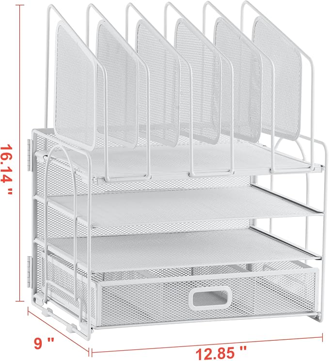 Marbrasse Desk Organizers, 4-Tier Mesh Desk File Organizer with 5 Vertical File Holders and 2 Pen Holders, Multifunction Desktop Organizer,Desk Organizers and Accessories for Home Office (White) - Image 5