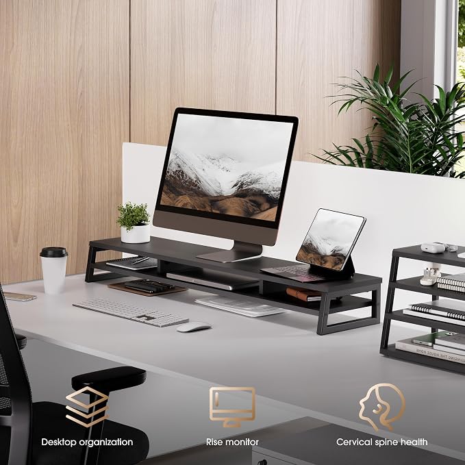Fenge Dual Monitor Stand for Desk, 42.5in Large Monitor Riser for 2 Monitors, 2 Tier Computer Office Desk Top Shelf, Desktop Storage Stand for Laptop, PC, Computer, Printer - Image 8