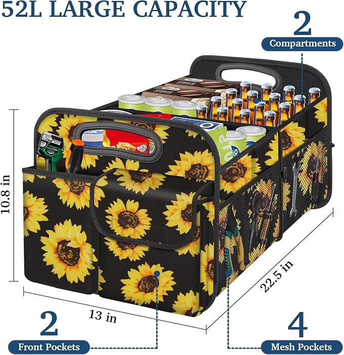 Femuar Car Trunk Organizer, Car Storage Organizer with Large Capacity Waterproof Collapsible Trunk Organizer for Car Suv/Jeep/Sedan (Sunflower, Standard) - Image 2