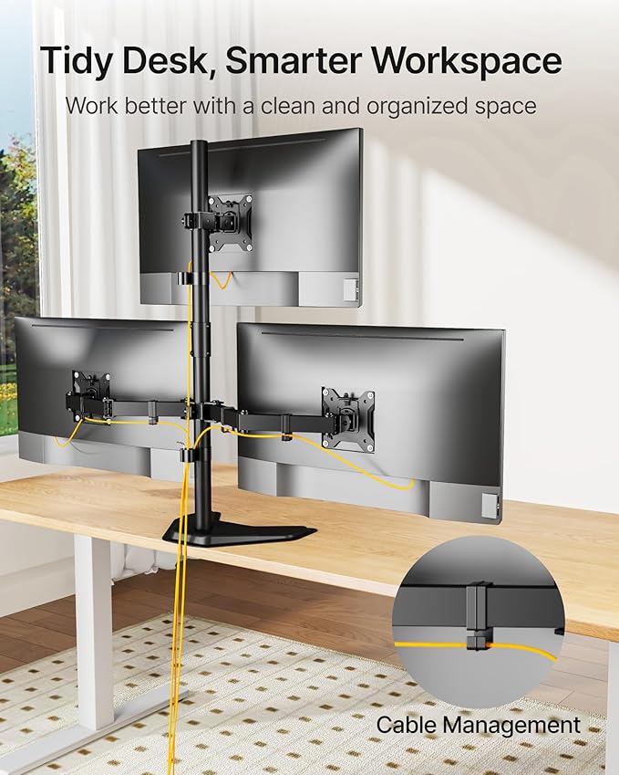 monTEK Freestanding Triple Monitor Stand for 17-32" Screens, 22 lbs Each | Solid V-shaped base, three-screen full-motion arms, height adjustment, tilt, swivel, rotation and VESA 75/100 - Image 4