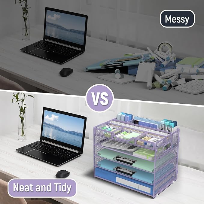Docnest 5 Tier Mesh Desk Organizer with Removable Tray&Pen Holder, Purple | Features 3 detachable pen holders and 4 removable dividers.Versatile mesh desktop storage for mail, document,office supplie - Image 2