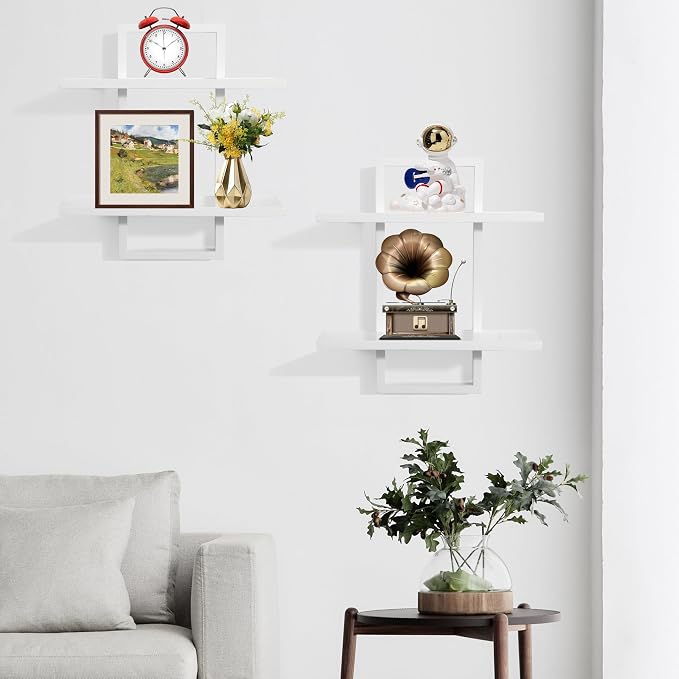 PHOENANCEE Floating Shelves for Wall,Display Hanging Shelf Set of 2,Modern Decorative Plants Shelves,Wood Home Decor Storage Chic for Living Room Bedroom Bathroom Office,Oak Frame,2-Tier,White - Image 4
