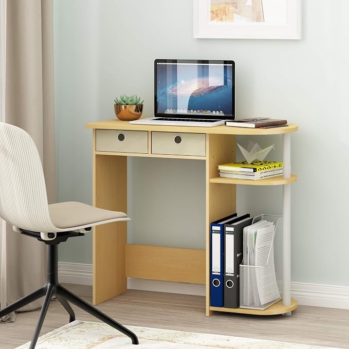 Furinno Go Green Desk, 31.5" Wide Gaming Desk with 2 Side Shelves and Storage Bins, Computer Desk, Office Desk for Home Office, Study Room, Dorm, Bedroom, Beech - Image 2