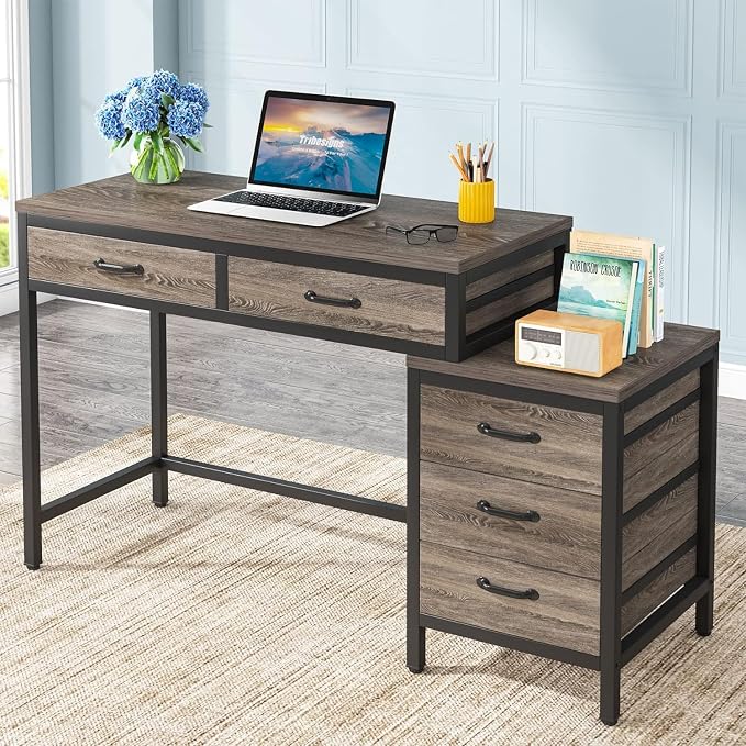 Tribesigns Computer Desk with 5 Drawers, Reversible Home Office Desks | Small Desk with Drawer Cabinet Printer Stand, PC Desk with Storage, Grey Study Writing Table Workstation for Small Spaces - Image 8