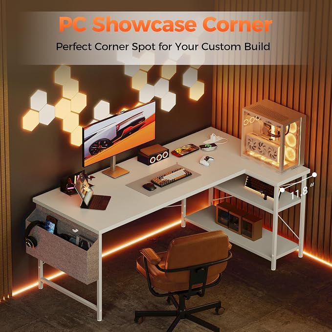 Mericonia 55 inch L Shaped Gaming Desk, Large Corner Desk with Shelves | Reversible Computer Desk with Power Outlets & Storage Bag, Office Table for Home Bedroom Study Work Writing - Image 3