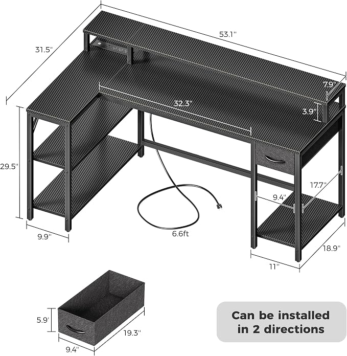 SUPERJARE 53 inch Reversible L Shaped Desk with LED Lights & Power Outlets, Computer Desk with Shelves & Monitor Stand, Gaming Desk with Drawer, Home Office Desk, Carbon Fiber Black - Image 3