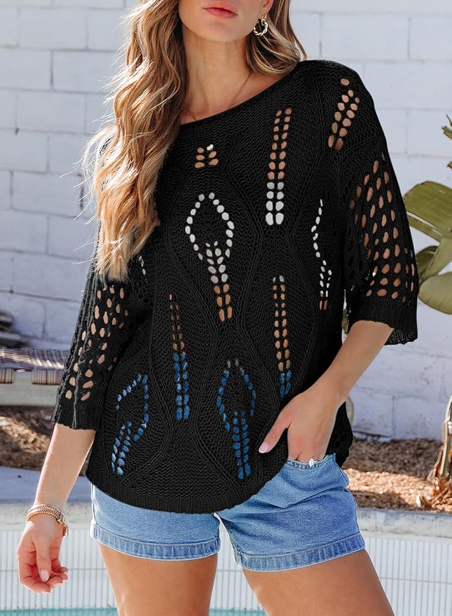 EVALESS Womens Crochet Hollow Out Knit Tops Half Sleeve Spring Summer Sweaters Beach Cover Ups for Women Trendy 2026 - Image 3