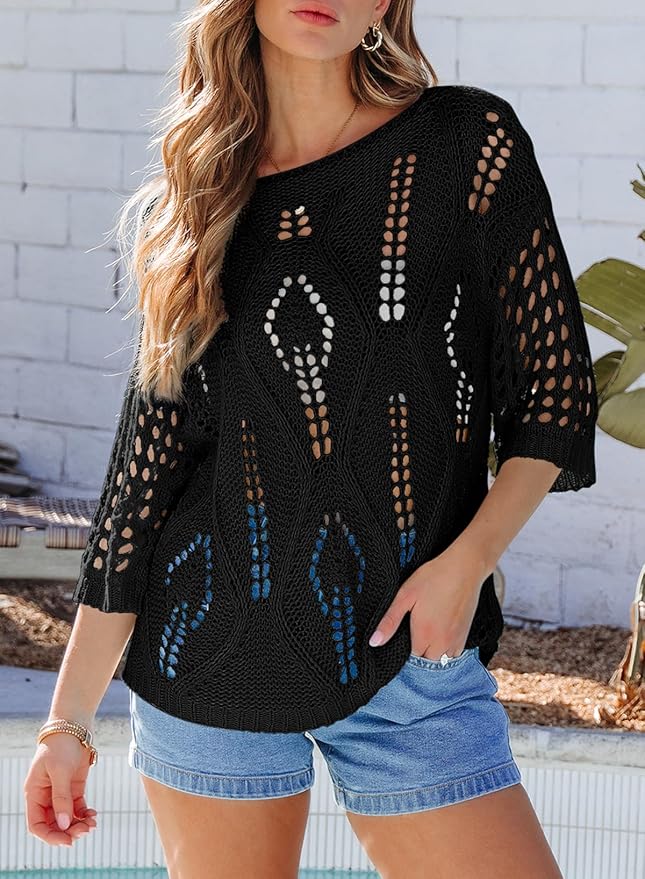 EVALESS Womens Crochet Hollow Out Knit Tops Half Sleeve Spring Summer Sweaters Beach Cover Ups for Women Trendy 2026 - Image 3