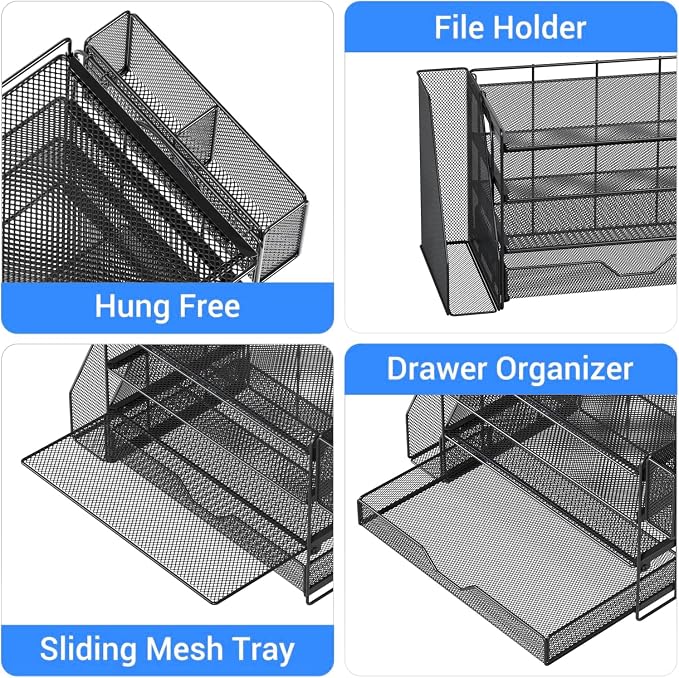 OPNICE Desk Organizers and Accessories, 4-Tier Desktop File Organizer with Drawer and Pen Holders, Office Desk Accessories Workspace Organizers for Office Supplies (Black) - Image 6