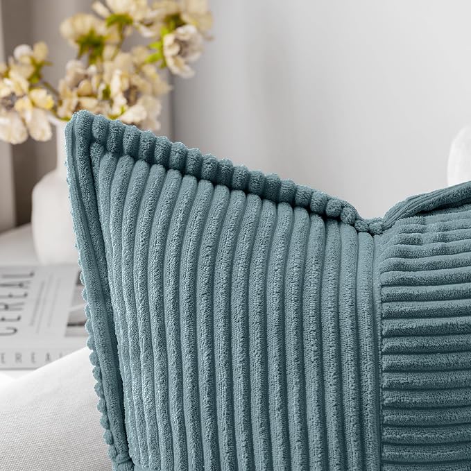 MIULEE Decorative Throw Pillow Covers for Couch Bed Livingroom 18x18 Inch Set of 2 Dusty Blue Boho Accent Throw Pllows Broadside Striped Patchwork Soft Corduroy Summer Coastal Pillowcases - Image 2