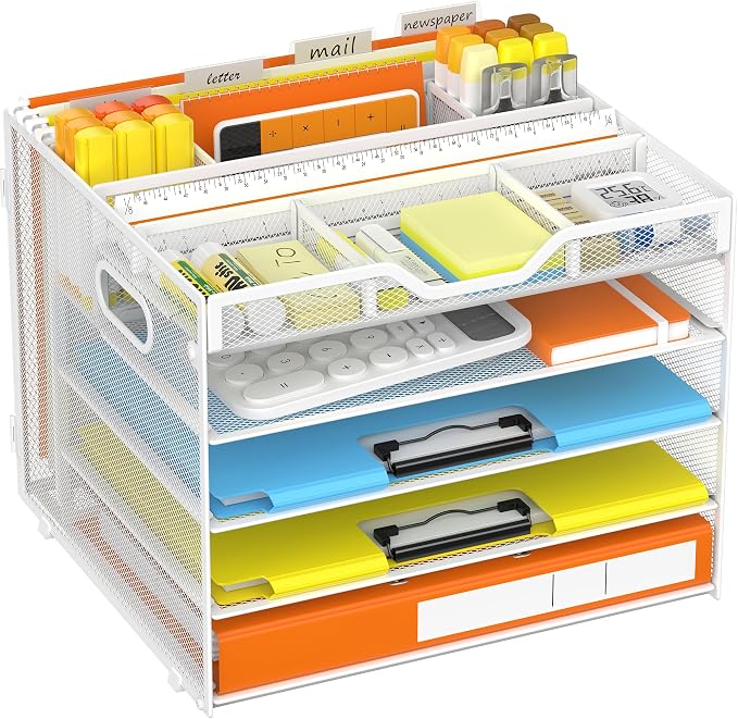 Docnest 5 Tier Desk Organizer with Hanging File Folder Holder&Tray, White | Features 3 detachable pen holders and 4 removable dividers.Versatile mesh desktop storage for mail, document,office supplie by DocNest