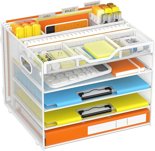 Docnest 5 Tier Desk Organizer with Hanging File Folder Holder&Tray, White | Features 3 detachable pen holders and 4 removable dividers.Versatile mesh desktop storage for mail, document,office supplie by DocNest