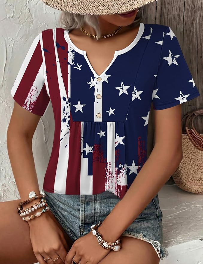Zeagoo Womens Short Sleeve Tops Summer Henley V-Neck Tshirts Casual Pleated Blouse Dressy Loose Floral Basic Tee - Image 3