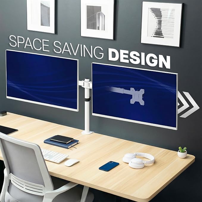 VIVO Dual LCD LED 21 to 32 inch Monitor Desk Mount, Heavy Duty, Adjustable Telescoping Arms, Flush Wall Setup, Fits 2 Screens, White, STAND-V002EW - Image 2