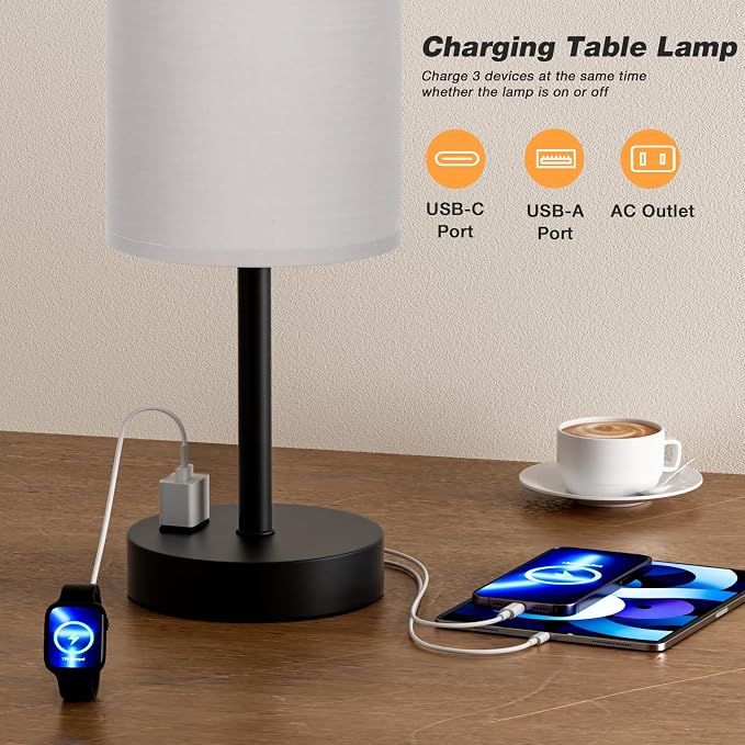 Fenmzee Touch Bedroom Lamp - Grey, 3-Way Dimmable, USB A + C Charging, AC Outlet, 17.4inch Medium - Image 4