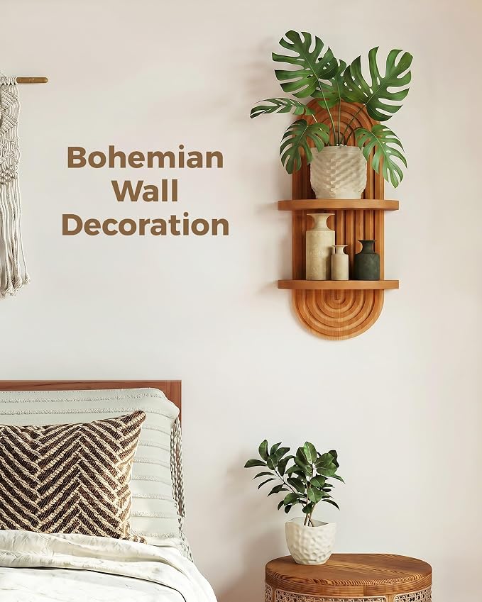 Bamworld Boho Wall Decor Brown Plant Wall Shelf Mid Century Modern Decor Hanging Plant Shelf 22in 2 Tier Wooden Floating Shelves Brown - Image 6