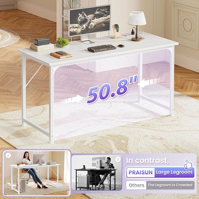 PRAISUN 55 X 20 Inch Computer Desk, Power Outlets, USB-C, White | Office Desk with 4 AC Outlets, USB & USB-C, Sturdy Metal Frame, Spacious Desktop for Work, Writing, Study & Gaming - Image 5