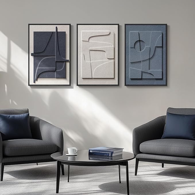 3D Textured Framed Blue and White Abstract Wall Art, 3 Piece Modern Artwork for Walls, Minimalist Navy Blue Geometric Wall Paintings for Living Room, Bedroom, Dining Room, Office Wall Decor 16x24 In - Image 4