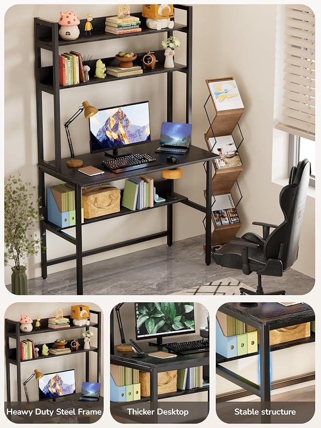 Aquzee Computer Desk with Hutch, 40“W x 19.6" D Desk with Shelves, Tall Home Office Desk with Bookshelf, Metal Legs Study Table with Upper Storage Shelf for Study Writing/Workstation, Black - Image 5