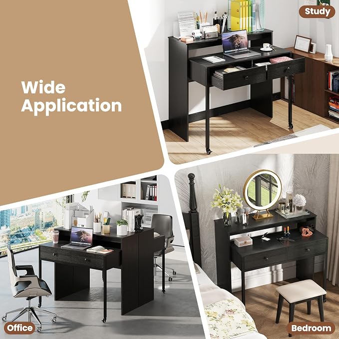 Giantex Small Computer Desk with Hutch & Drawers, Extendable Writing Desk w/Pull Out Secondary Table, Monitor Stand & Rolling Wheels, Console Table, Compact Desk for Small Spaces, Home Office (Black) - Image 9