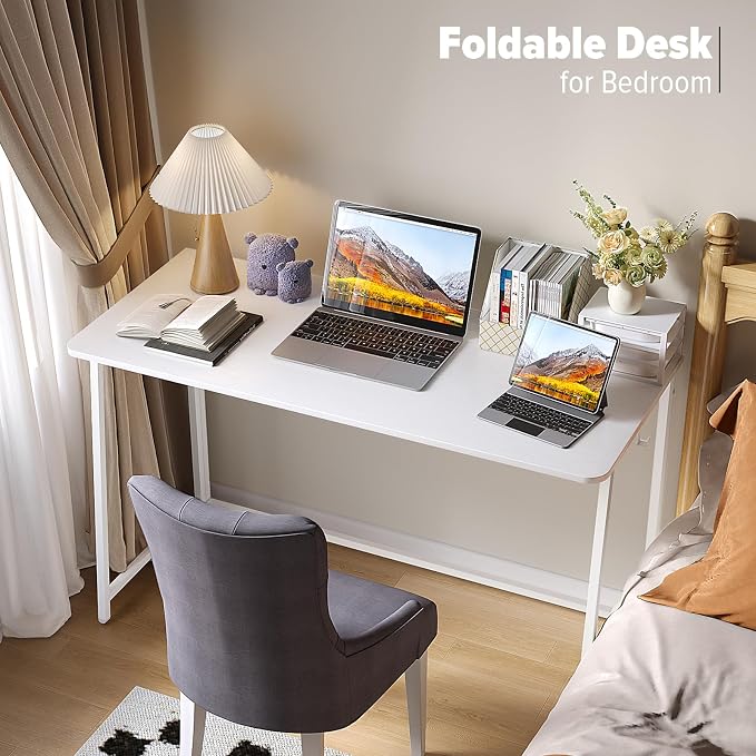 WOHOMO Folding Desk, 47.2" Foldable Computer Desk for Bedroom, Space Saving Computer Table Writing Workstation for Home Office, Easy Assembly, White | Easy Assembly and Fold, Sturdy Home office desks for Study Bedroom Dorm Space Saving Writing Work Apa... - Image 5
