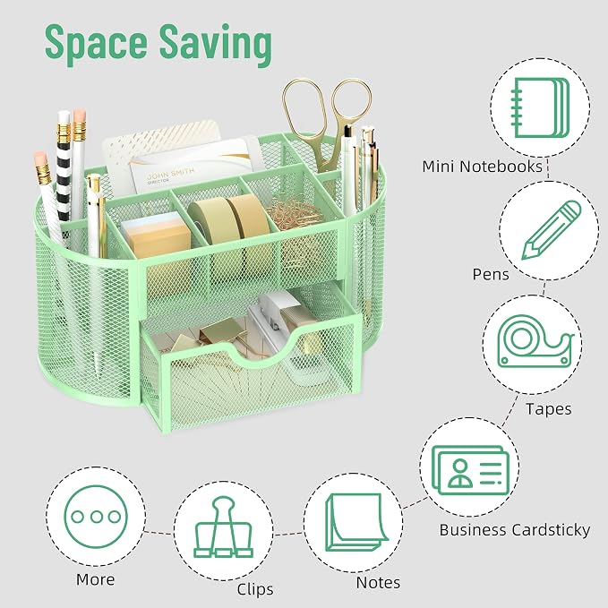 Mesh Desk Organizer with Drawer, 9-Compartment Pen Holder for Desk, Green | Pull-Out Drawer Stores Pens, Pencils, Clips, Notes, and Small Office or School Supplies in One Compact Desk Caddy - Image 4