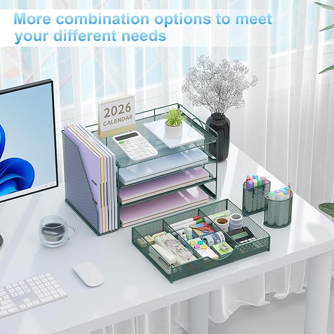 gianotter 4-Tier Desk Organizer with Drawers, File Holders, Letter Trays and Pen Holders - Workspace Accessories for Office Supplies (Green) - Image 3