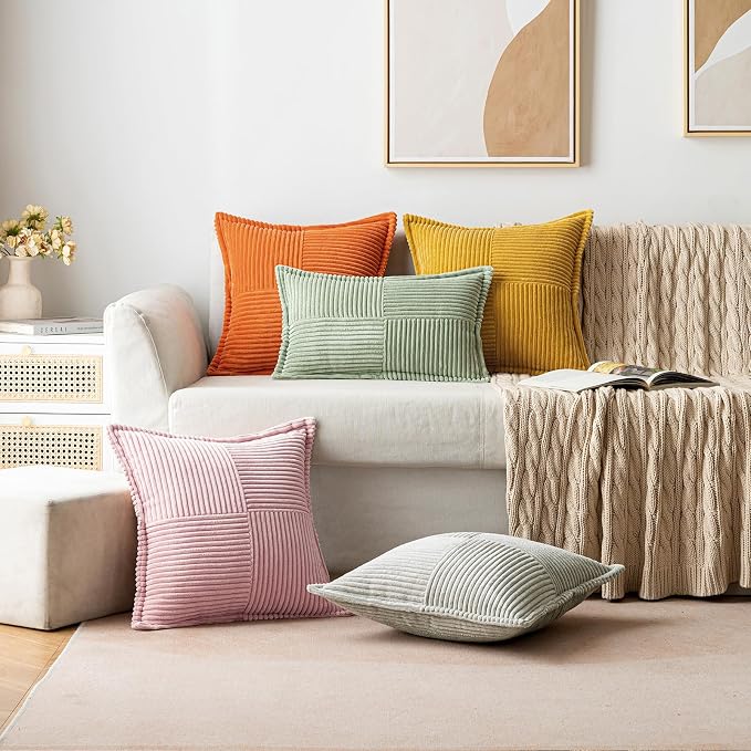 MIULEE Spring Decorative Throw Pillow Covers for Couch Bed Livingroom 18x18 Inch Set of 2 Pink Boho Accent Throw Pllows Broadside Striped Patchwork Soft Corduroy Pillowcases Valentine Decor - Image 4
