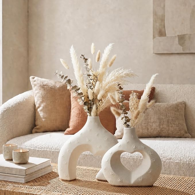 White Ceramic Flower Vases Table Decor Heart Shaped Vase Set of 2 | Nordic Heart Shaped Vases Minimalist Decorative Vase for Table Centerpiece Wedding Dining Living Room Office House Decoration - Image 4