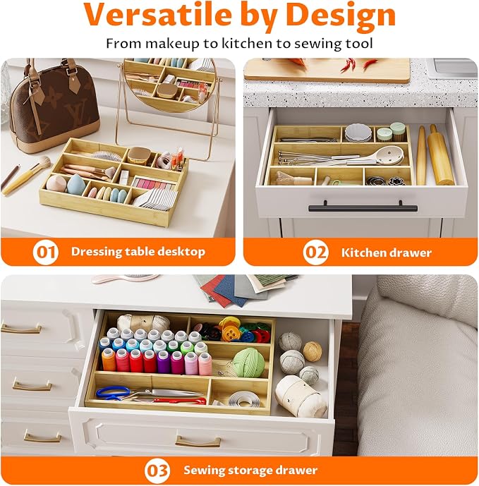 Bamboo Drawer Organizer with 9 Adjustable Compartments, Office Desk Organization Tray for Office Utensils, Supplies, Makeup, Jewelry, and More – Ideal for Desk or Drawer Storage - Image 7