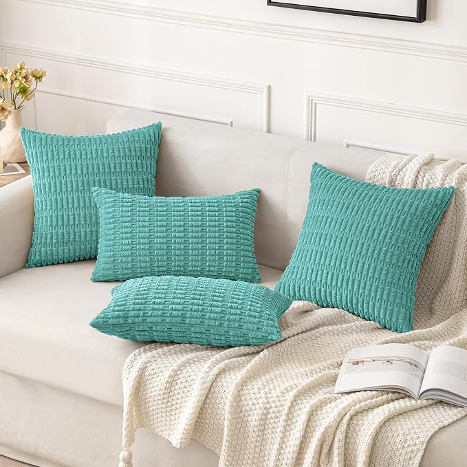MIULEE Pack of 2 Corduroy Decorative Throw Pillow Covers 20x20 Inch Soft Boho Striped Pillow Covers Modern Farmhouse Home Decor for Summer Sofa Living Room Couch Bed Aqua Green - Image 2