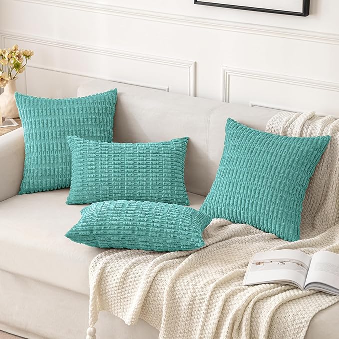 MIULEE Pack of 2 Corduroy Decorative Throw Pillow Covers 18x18 Inch Soft Boho Striped Pillow Covers Modern Farmhouse Home Decor for Summer Sofa Living Room Couch Bed Aqua Green - Image 2