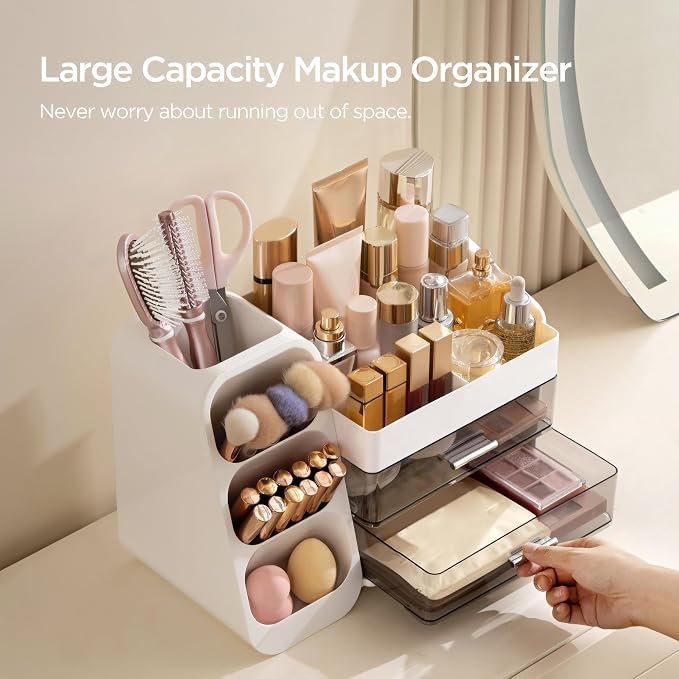 HBlife Makeup Organizer with Brush Holder for Vanity, Large Plastic Bathroom Countertop Organizer Skin Care Storage, Easy to Store Lipsticks, Nail Polishes, Perfumes, Eyeshadow Palettes, White - Image 2