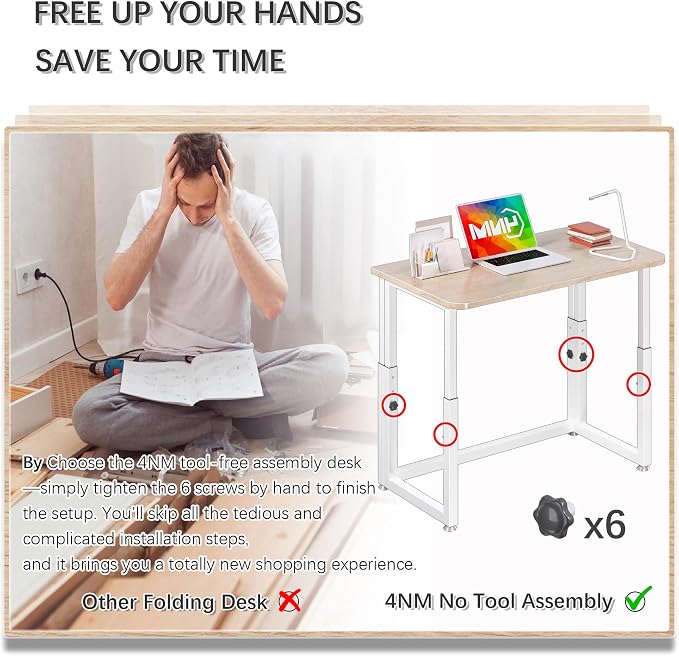 4NM No Tool Assembly 31.5" Small Desk, Folding Portable Desk with Wheels, Adjustable Height Foldable Computer Home Office Desks, Collapsible Study Writing Table for Space Saving Bedroom - Cloud Oak - Image 5