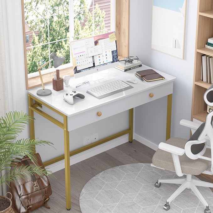 Weehom Computer Desk with Drawers, Home Office Workstation, White Gold | Sturdy and spacious workstation for writing, studying and gaming, Suitable for PC and laptop use - Image 6