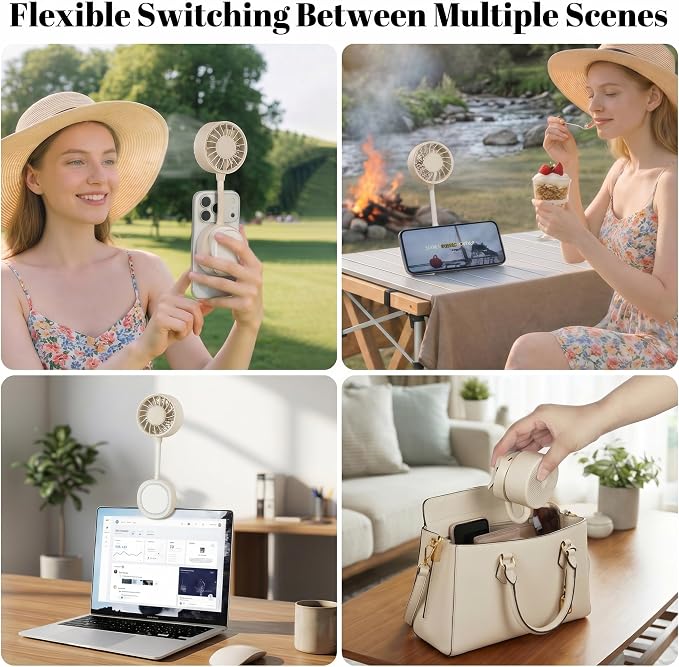 Magnetic Portable Phone Fan, Handheld Small Fan & Phone Holder with 360° Flexible Gooseneck, 3 Speeds, Rechargeable, Pocket Size Summer Cooling for Women, Travel, Beach, Makeup Use (Begie) - Image 4
