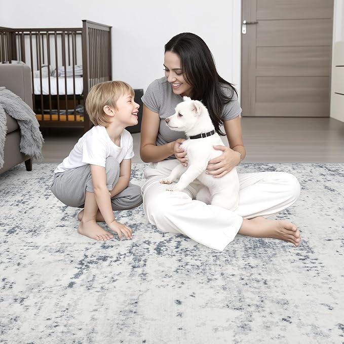 5x8 Area Rug Living Room Rug: Washable Modern Abstract Soft Thin Rug Indoor Floor No Slip Carpet for Bedroom Dining Room Farmhouse Nursery Home Office - Blue Grey - Image 8