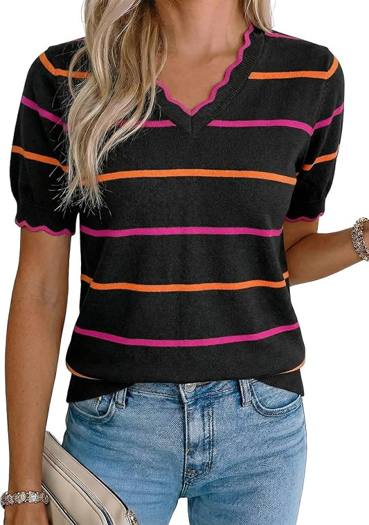 Dokotoo Womens Summer Short Sleeve Knit Tops 2026 Spring Trendy Casual V Neck Striped Sweater Blouses by Dokotoo