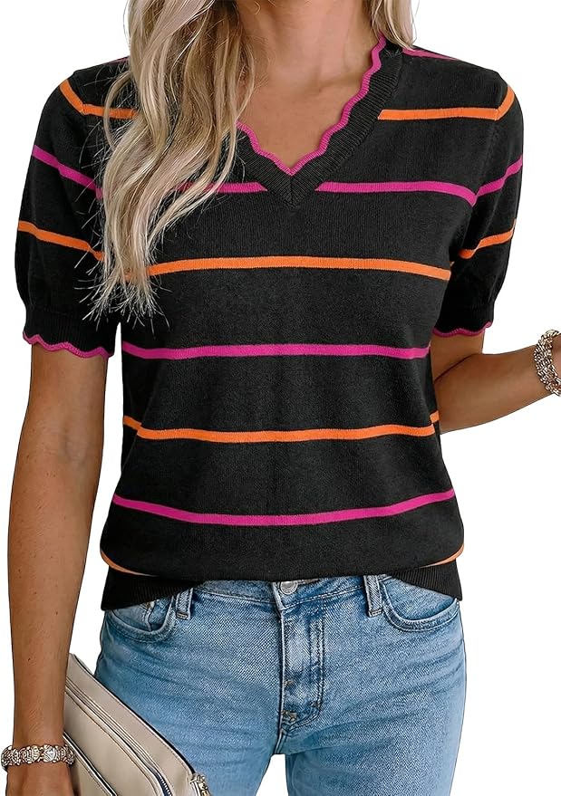 Dokotoo Womens Summer Short Sleeve Knit Tops 2026 Spring Trendy Casual V Neck Striped Sweater Blouses by Dokotoo