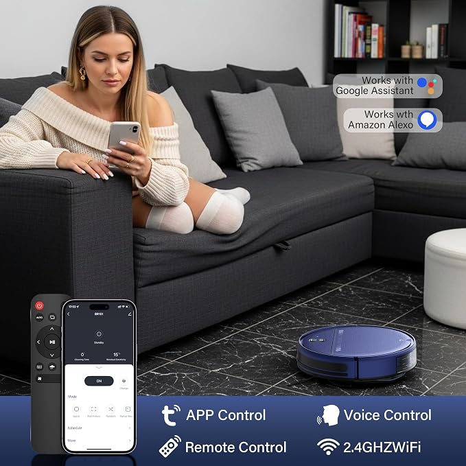 Robot Vacuum and Mop for Pet Hair, 2-in-1 Robot Vacuum Cleaner for Hard Floors&Carpets with 2.87'' Slim Design, Wi-Fi/App/Voice Control, 3D Obstacle Avoidance & Self-Charging - Image 5