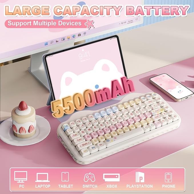 YUNZII C75 Cute 75% Wireless Mechanical Keyboard (Beige, Candy Switch) | Creamy Cake Keyboard, BT5.0/2.4G/USB-C, Hot-Swap, NKRO, PBT MOA Keycaps,5500mAh RGB Gasket Mount for Mac/Win/Gaming/Office - Image 6