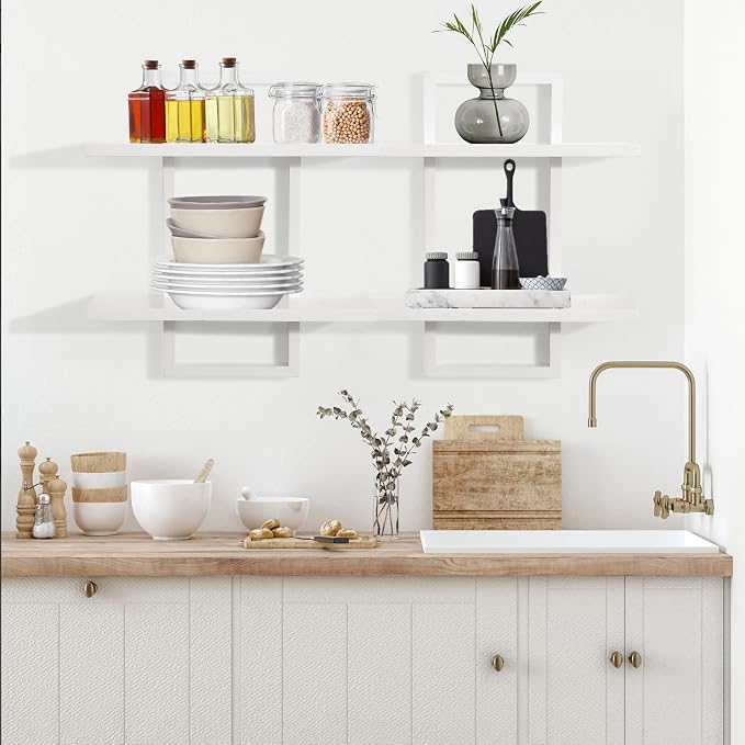 PHOENANCEE Floating Shelves for Wall,Display Hanging Shelf Set of 2,Modern Decorative Plants Shelves,Wood Home Decor Storage Chic for Living Room Bedroom Bathroom Office,Oak Frame,2-Tier,White - Image 5