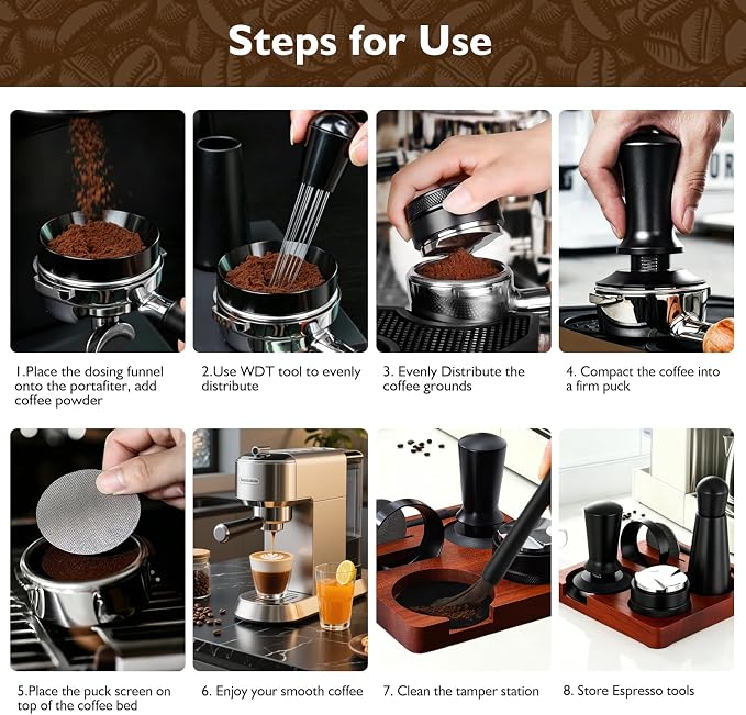 54mm Espresso Accessories Kit, 7Pcs Coffee Tamper Set with Wooden Tamping Station, Tamper, WDT Tool, Distributor, Puck Screen and Dosing Funnel, Espresso Tool Kit Fits 54mm Espresso Portafilter - Image 7