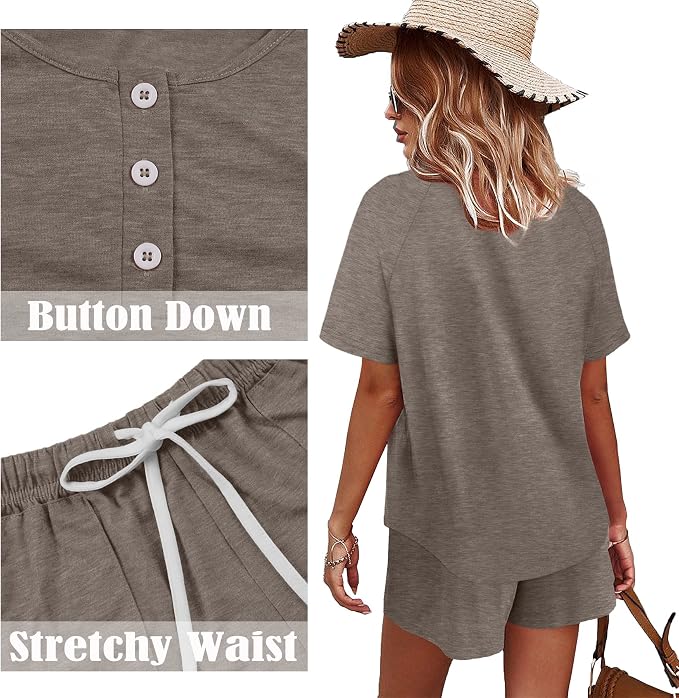 WIHOLL Two Piece Outfits for Women Lounge Sets Button Down Top and Shorts Set Sweatsuits with Pockets - Image 4