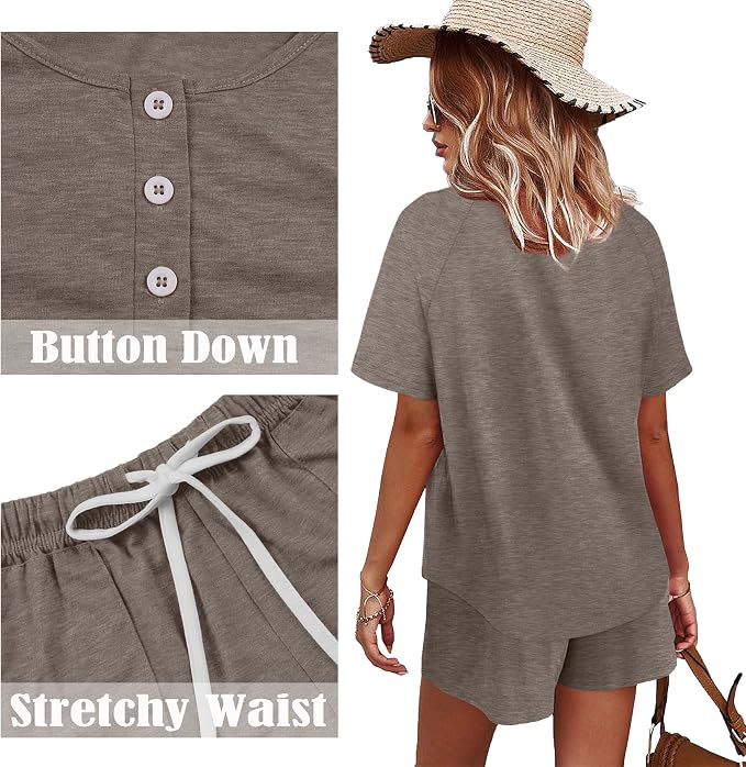 WIHOLL Two Piece Outfits for Women Lounge Sets Button Down Top and Shorts Set Sweatsuits with Pockets - Image 4