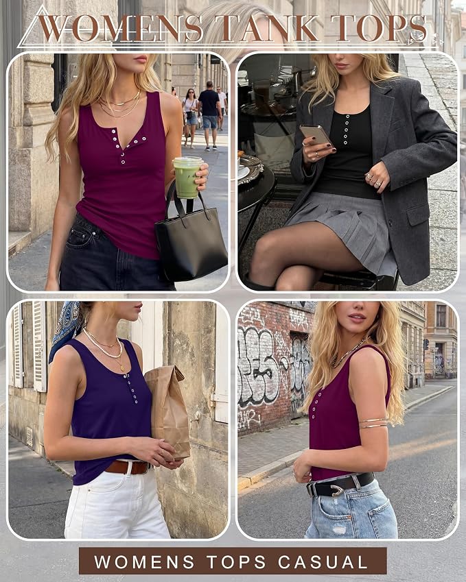 Ficerd 3 Pack Women's Henley Tank Tops Sleeveless Button Down Summer Shirts 2026 Casual Trendy Loose U Neck Tee Blouses - Image 4
