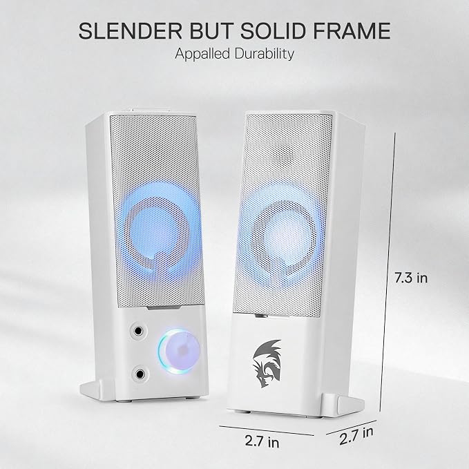 Redragon GS550 PC Gaming Speakers 2.0 Channel Stereo Enhanced Sound, White | Compact Maneuverable Size, Headphone Jack, Decent Red Backlight, Plug & Play USB Powered Desktop Computer Speaker - Image 6